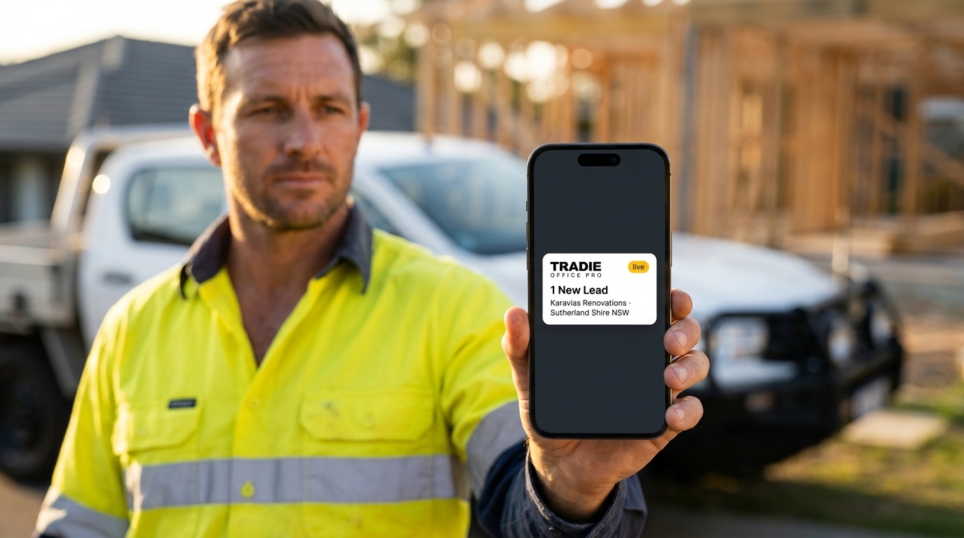 A tradie holds a phone showing the Tradie Office Pro pipeline — golden-hour ute interior in soft focus behind.