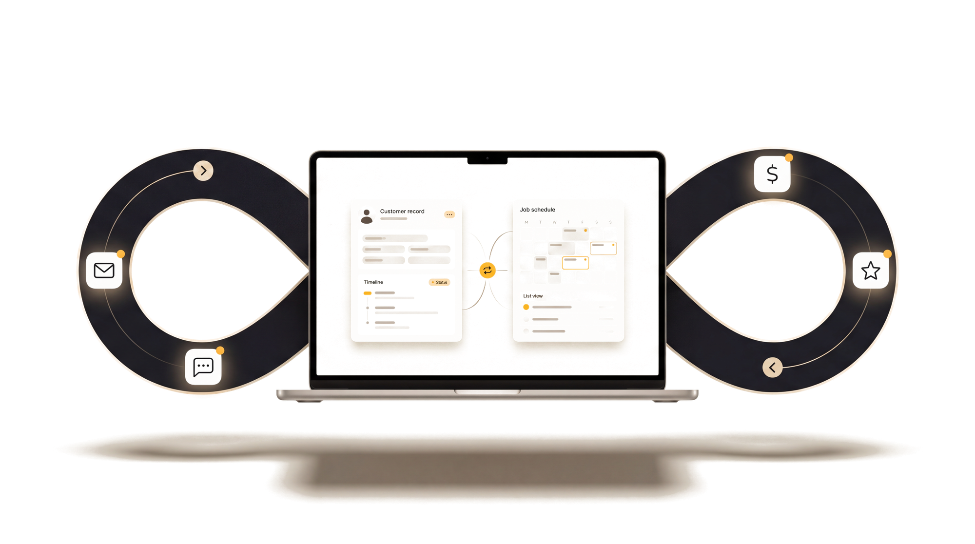 Tradie Office Pro plugged into your stack — a laptop showing a customer record and job schedule, wrapped by an infinity loop of email, SMS, messaging, payment and review touchpoints.