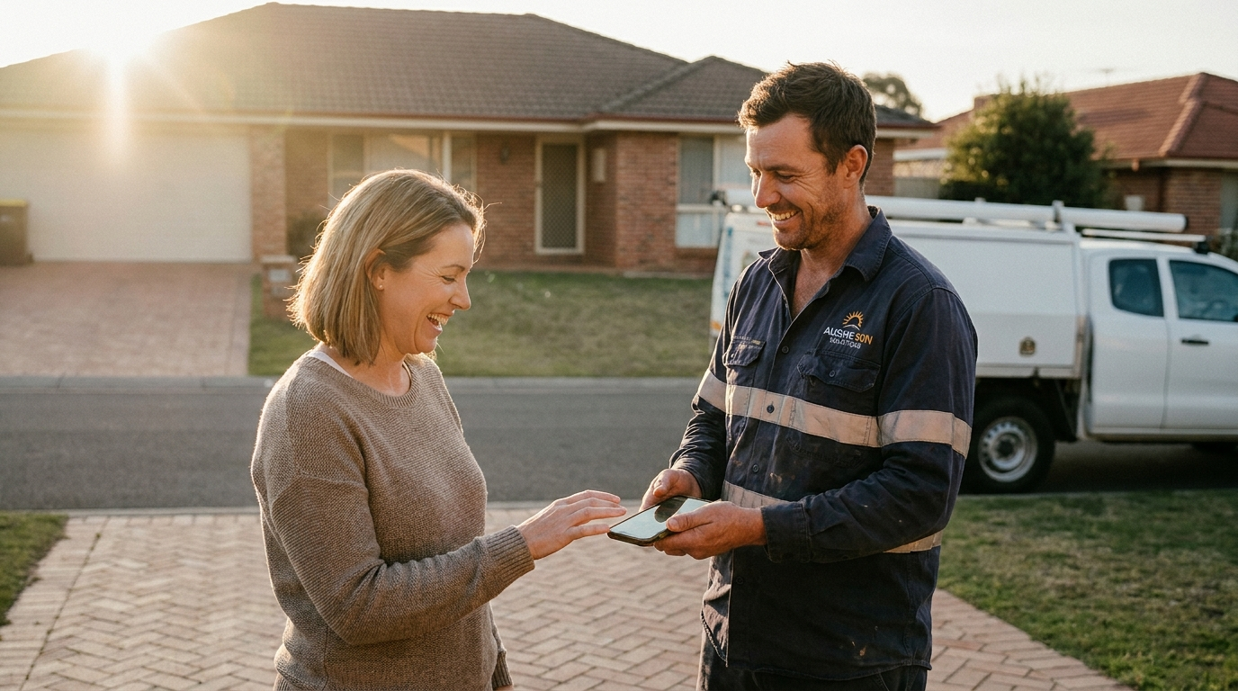 An Australian tradie sharing a phone with a happy homeowner on her driveway in golden-hour light.