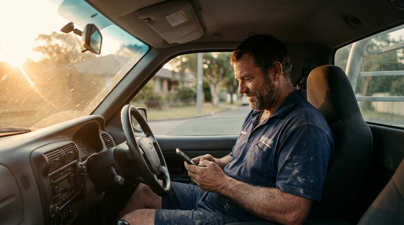 An Australian tradie reading SMS replies on his phone in the cab of his ute at golden hour.